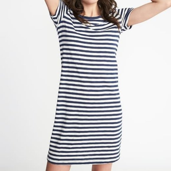 NEW! Old Off-White Navy Stripe Slub Knit T-Shirt Dress - XL - Picture 1 of 5